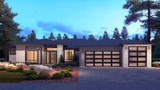 this is an artist's rendering of a modern house in the evening with lights on