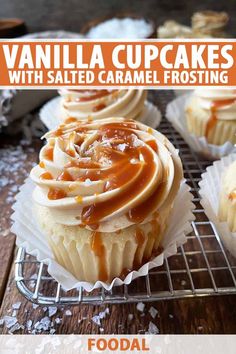 vanilla cupcakes with salted caramel frosting on a wire cooling rack