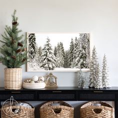 christmas trees and baskets sit on a table in front of a framed photo with evergreens