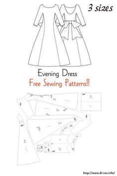 the sewing pattern for an evening dress is shown in three different sizes, including one size and