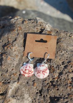 two seashells sitting on top of a rock next to a pair of earrings