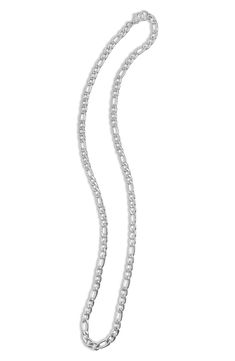 A sleek, refined stainless steel chain bracelet adds an edgy chic style for any look. Water resistance makes this extra durable for summertime styling. 24" long chain, 6mm width Lobster clasp closure This piece of jewelry is water-resistant and will not tarnish with water contact 14k-gold plated stainless steel Polish gently with cloth, wash with soap and hot water Imported Classic Figaro Chain Metal Necklace, Classic Stainless Steel Figaro Chain Necklace, White Gold Stainless Steel Figaro Chain Necklace, White Gold Figaro Chain Necklace In Stainless Steel, White Gold Stainless Steel Chain Necklace With Figaro Chain, Modern Stainless Steel Figaro Chain Necklace, Modern Stainless Steel Jewelry With Figaro Chain, Modern Stainless Steel Figaro Chain Jewelry, Edgy Chic Style