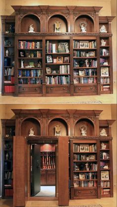 an old bookcase has been converted into a bookshelf with shelves full of books