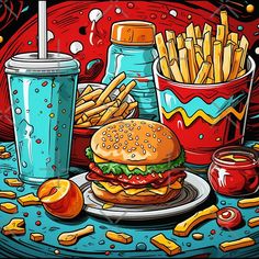 a burger and french fries on a plate next to a cup of soda, with condiments