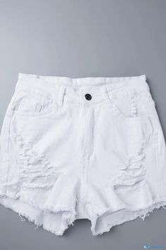 OrcaJump - High Waist Casual Denim Shorts in Light Blue with Solid Color and Ripped Design White Ripped Mid-rise Bottoms, White Distressed Mid-rise Bottoms, White Ripped Jeans For Summer, White Distressed Jeans For Summer, Distressed White Jeans For Summer, White Distressed Summer Jeans, White Ripped Cotton Bottoms, White Short Denim Jeans, White Short Length Denim Jeans