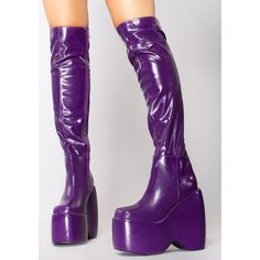 New Ocho Toro Nicoya 03 Alluring Deception Knee High Platform Boots Look Oh So Tempting While Wearing The Alluring Deception Knee High Platform Boots From Ocho Toro. This Sexy Rave Platform Boots Features A Purple Colored Smooth Vegan Leather Upper With Inner Zipper Closure, Knee High Length, Gold Metal Logo Plate In The Back, And Vegan Leather Wrapped Platform Sole. Temptation Is A Real B*Tch! - 6.25" Heels, 3" Platform - Gold Logo Plate In The Back - Smooth Vegan Leather - Wrapped Eva Platform Purple Leather Platform Boots, Purple Platform Party Boots, Purple Platform Boots For Party, Purple Platform Boots With Pointed Toe, Purple Closed Toe Party Boots, Purple Platform Boots, Starfire Costume, High Platform Boots, Knee High Platform Boots