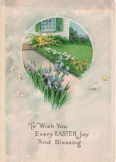 an easter card with flowers and a window