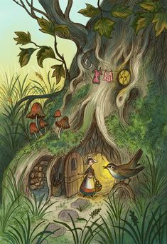 an illustration of a fairy scene with mushrooms and a bird in the forest, surrounded by trees