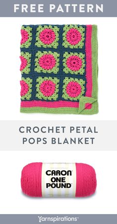 crochet petal pops blanket is shown with the text, free pattern and instructions