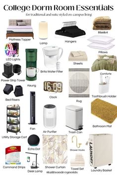 the college dorm essentials are organized and labeled in this poster for students to use