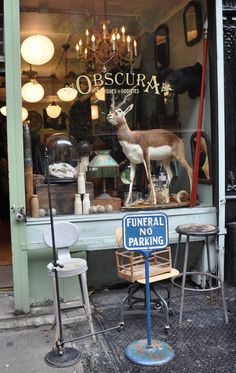 an image of a store window display with deer statues