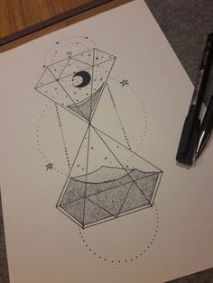 a pen and ink drawing of an object on paper with space in the sky behind it