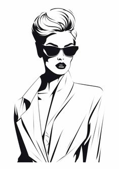 a black and white drawing of a woman wearing sunglasses