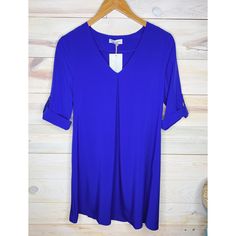 Pretty Royal Blue Dress. Sleeves Roll And Are Held Together With Button. Armpit To Armpit: Small: 18in Medium: 19in Large: 20in Length: Small: 35in Medium: 35.5in Large: 36in 94% Polyester 6% Spandex Condition: New With Tags - Boutique! Blue V-neck Solid Color Mini Dress, Blue Solid Color V-neck Mini Dress, Blue Shift Dress Solid Color, Blue Dress Sleeves, Sequin Cami Dress, Maternity Dresses Summer, Dress Sleeves, Fringe Mini Dress, Cache Dress