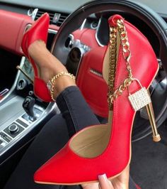 New pointed high heel chain lock diamond women's shoes · Zshee · Online Store Powered by Storenvy Trendy Heels, Red High Heels, Amazing Shoes, Pumps Heels Stilettos, Heels Stilettos, Heels Sneakers, Super High Heels, Ankle Strap Pumps, Buckle Shoes