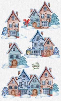 four watercolor houses with snow on the ground and one has a red bow in it