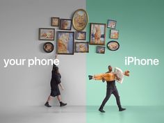 two people walking in front of a wall with pictures on it and the words your phone above them