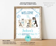 a birthday sign with three dogs on it and the words welcome to jackson's 5th birthday pawty