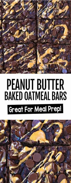 peanut butter baked oatmeal bars with chocolate and caramel drizzle