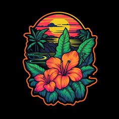 an orange flower with tropical leaves and sunset in the background on a black shirt or hoodie