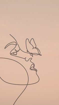 a drawing of a woman's face with two birds on her head and the sky in the background