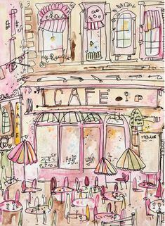 a drawing of an outside cafe with tables and umbrellas