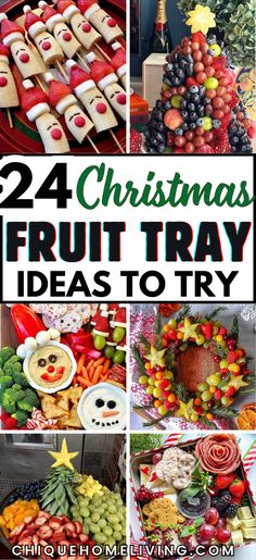 Brighten up your holiday table with these Christmas Fruit Tray Ideas that are as festive as they are delicious! Create colorful displays featuring red and green grapes, strawberries, kiwi, and watermelon shaped into holiday icons like Christmas trees, wreaths, or candy canes. Add a touch of elegance with pomegranate seeds and sugared cranberries or mix in fun elements like marshmallows and chocolate-dipped fruit. For a crowd-pleaser, include a creamy dip like yogurt or white chocolate drizzle. Christmas Fruit Tray Ideas, Christmas Fruit Snacks, Holiday Fruit Platter, Christmas Fruit Tray, Festive Fruit Platter, Fruit Tray Designs, Fruit Tray Ideas, Christmas Veggie Tray