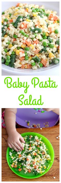 baby pasta salad with peas and carrots in it on a green plate next to a child's hand