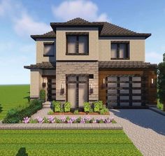 a two story house with lots of windows and landscaping