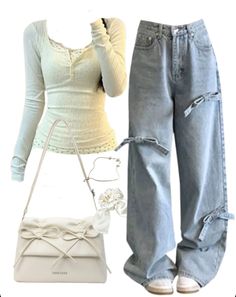 White Jeans Inspo Outfit, Long Sleeve Outfits Summer, Light Jean Outfits, Clothing Styles Aesthetic, White Long Sleeves Outfit, High Waisted Jeans Outfits, Blue Aesthetic Outfits, Long Sleeve Outfit Ideas, Cute Clothing Ideas