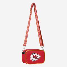 a red and yellow bag with a kansas chiefs logo on the front, attached to a lanyard strap