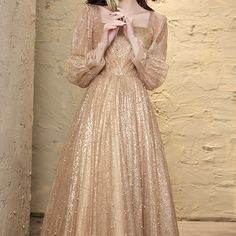 Gold Princess Scoop Neck Long Sleeve Full Length Evening Dress Gold Gowns Elegant, Gold Gowns Elegant Classy, Gold Dress Long Classy, Gowns For Ladies, Gold Dresses Long, Classy Evening Gowns, Winter Gowns, Summer Maxi Dress Floral, Off Shoulder Evening Gown