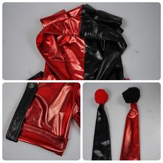 three pictures of different types of red and black ties with pom - poms