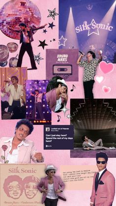 the collage has many different pictures and words on it, including one man in a pink suit