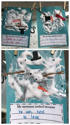 two pictures of snowmen on clothes pins