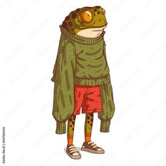 a frog wearing a green sweater and red shorts with his eyes wide open, standing in front of a white background