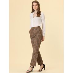 These pants are essential for dressing up or down. Lightweight fabric, covered in a plaid pattern, shapes these trendy trousers with a high-rise fit. How it is a bit high waist and how it gathers at the waist adding shape to the body. You may love everything about these trousers, from their regular fit to the elastic high-waist, which could double as a hiding mechanism for women with love handles. Style these trousers with a crop top and heels for the ultimate look. This fashionable and trendy c Plaid High-waisted Pants For Work, Elegant High-waisted Plaid Pants, Casual Plaid High-waisted Pants, Trendy Plaid Ankle-length Pants, Fitted Plaid High-waisted Pants, Trendy Trousers, Trendy Trouser, Pants Brown, Christmas Plaid