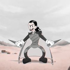 a cartoon character holding two large scissors in the desert