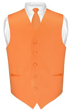 Mens Dress Vest Skinny NeckTie Solid Orange 2.5" Neck Tie Set Fitted Vest For Semi-formal Summer Events, Fitted Orange Vest For Summer, Fitted Orange Summer Vest, Classic Summer Vest For Semi-formal Use, Classic Fitted Vest With Ties, Formal Fitted Summer Vest, Fitted Orange Vest For Spring, Fitted Sleeveless Solid Suit, Fitted Sleeveless Solid Color Suit