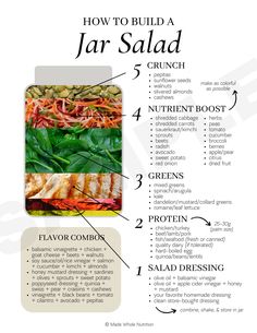 the recipe for how to build a jar salad is shown in this poster, with instructions