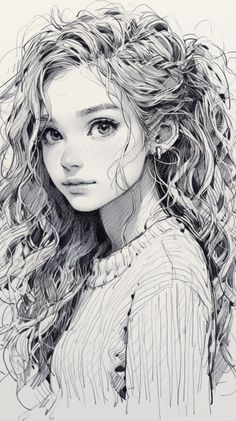 a drawing of a woman with curly hair