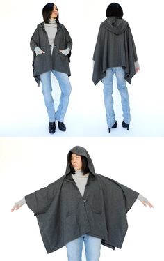 "🚚..ALL ORDERS ARE SHIPPED VIA DHL EXPRESS MAIL Dreamy, poncho style layer. Oversized and effortless, with a hoodie. Features a front pockets and button closures at front and side. Continue to enjoy perfect outdoor days after the temperature turns a little chilly. * Hooded; Button closure * Open sides with button closure * Two front pockets * Oversize, cozy silhouette * Unlined Measurements approximately: Sleeve Length (from side of neckline): 23\" (58 cm) Bust: 48\" (122 cm- all around) Approx Dusty Gray, Hoodie Poncho, Hooded Poncho, Poncho Style, Deep Teal, Grey Cotton, Shawls And Wraps, Nun Dress, Fabric Care