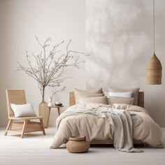 a bedroom with white walls and neutral decor, including a bed covered in beige linens