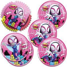 pink spider - man paper plates and napkins with the image of an alien on it