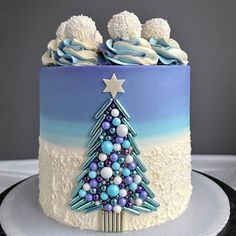 there is a cake decorated like a christmas tree on top of a plate with white frosting and blue icing