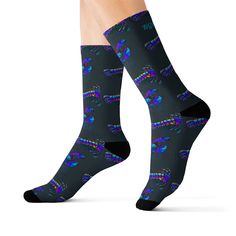 "Blue Lobster Socks \"These high-quality socks with sublimated print provide optimum comfort with style wherever one might go - a subtle accent to complement an office look or an eye-catching statement for an extravagant outfit.\" .: 95% Polyester, 5% Spandex .: 3 different sizes .: Ribbed tube .: Cushioned bottoms .: Printed with flat sublimation method." Lobster Socks, Blue Lobster, Office Look, Socks And Hosiery, Hosiery, Gender Neutral, Adult Outfits, Bathing Beauties, Socks