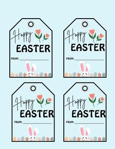 four tags with the words happy easter and two bunnies in front of them, on a blue background