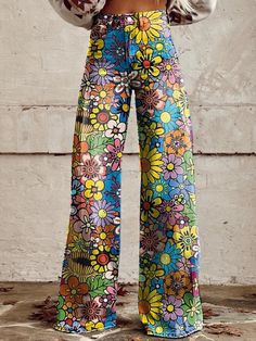 Women's Vintage Flower Daisy Print Casual Wide Leg Pants Multicolor Full-length Jeans For Summer, Multicolor Full Length Jeans For Summer, Casual Multicolor Floral Print Pants, Spring Multicolor Printed Pants, Multicolor Floral Print Wide Leg Bottoms, Multicolor Printed Pants For Spring, Trendy Multicolor Full-length Jeans, Spring Multicolor Wide Leg Bottoms, Multicolor Wide Leg Pants With Floral Print