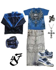 Man Drip Outfits, Blue Emo Outfits, Blue Grunge Outfit, Blue Outfits Men, 2000s Outfits Men, Outfit Idea Y2k, Blue Shoes Outfit, Grunge Men, Y2k Outfits Men