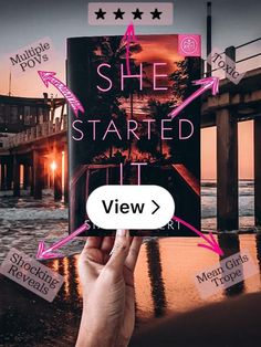 a person holding up a book with pink arrows pointing to the title she started it